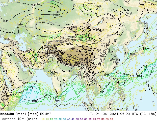 Isotachs (mph) ECMWF Tu 04.06.2024 06 UTC