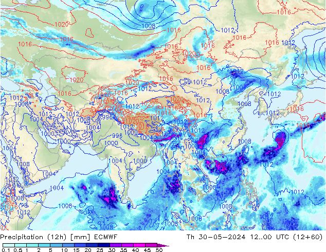 Precipitation (12h) ECMWF Čt 30.05.2024 00 UTC