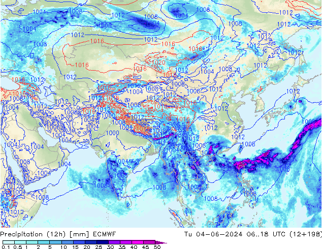 Totale neerslag (12h) ECMWF di 04.06.2024 18 UTC