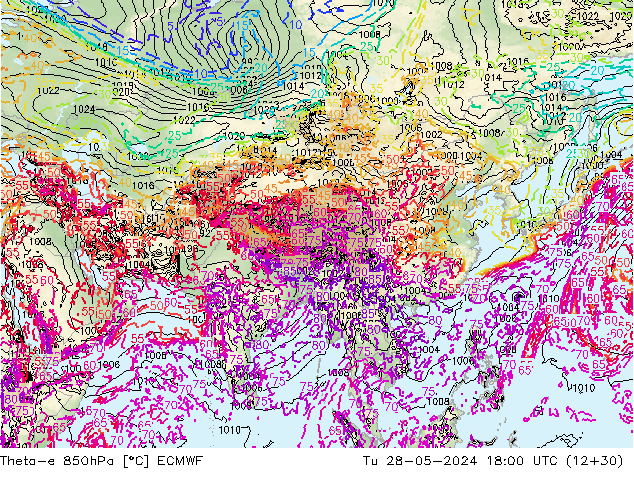 Theta-e 850hPa ECMWF Sa 28.05.2024 18 UTC