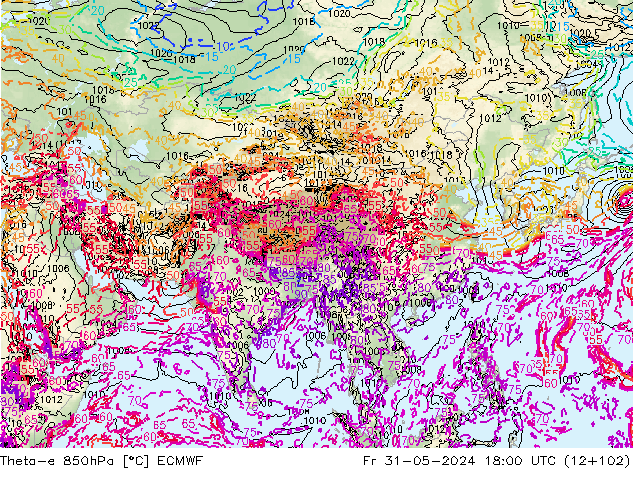 Theta-e 850hPa ECMWF ven 31.05.2024 18 UTC