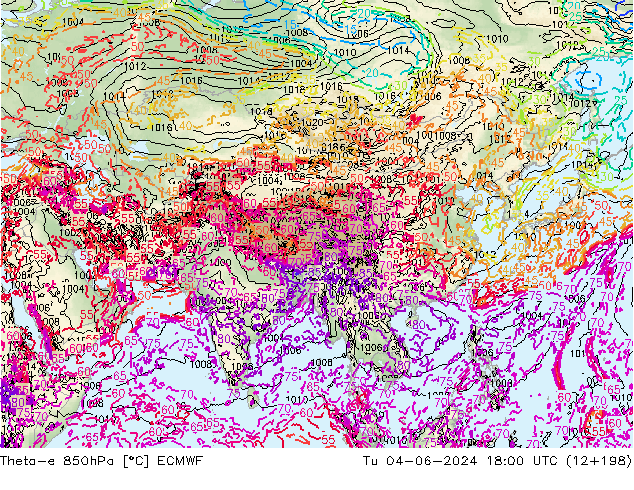 Theta-e 850hPa ECMWF Út 04.06.2024 18 UTC