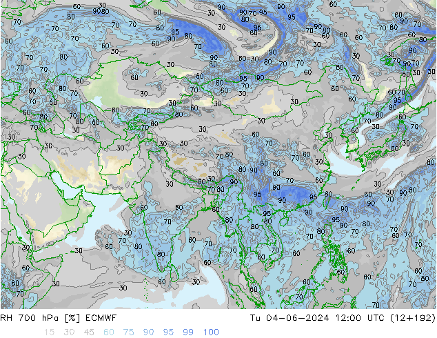 RH 700 hPa ECMWF Út 04.06.2024 12 UTC