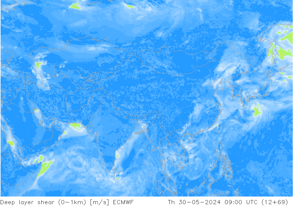 Deep layer shear (0-1km) ECMWF do 30.05.2024 09 UTC