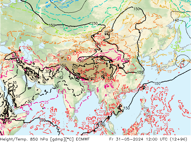 Hoogte/Temp. 850 hPa ECMWF vr 31.05.2024 12 UTC