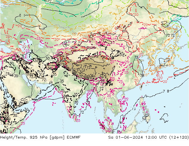 Yükseklik/Sıc. 925 hPa ECMWF Cts 01.06.2024 12 UTC