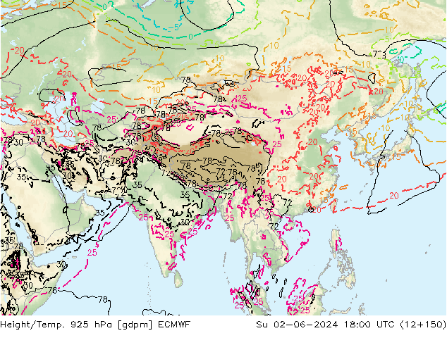 Height/Temp. 925 hPa ECMWF Su 02.06.2024 18 UTC