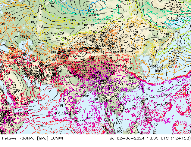 Theta-e 700hPa ECMWF Dom 02.06.2024 18 UTC