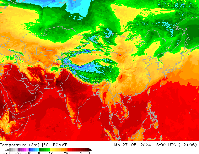 Temperatuurkaart (2m) ECMWF ma 27.05.2024 18 UTC