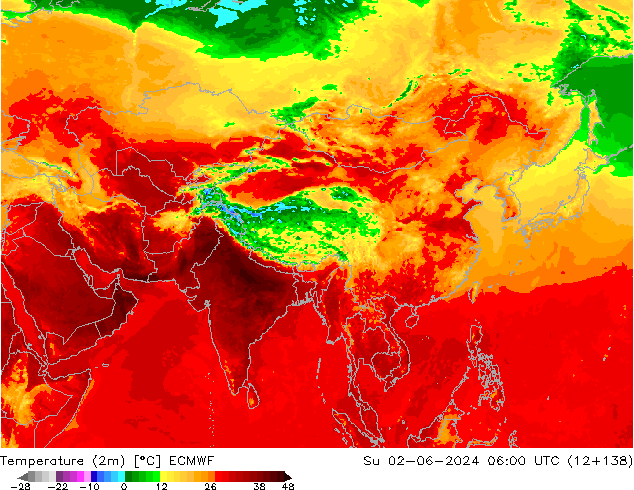 Temperatuurkaart (2m) ECMWF zo 02.06.2024 06 UTC