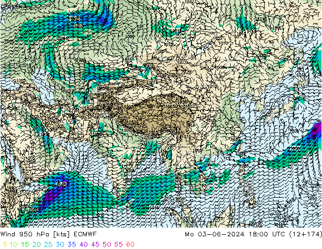 Vent 950 hPa ECMWF lun 03.06.2024 18 UTC