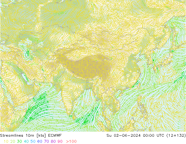 Linia prądu 10m ECMWF nie. 02.06.2024 00 UTC