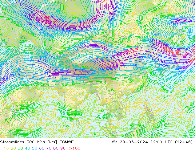 Linea di flusso 300 hPa ECMWF mer 29.05.2024 12 UTC