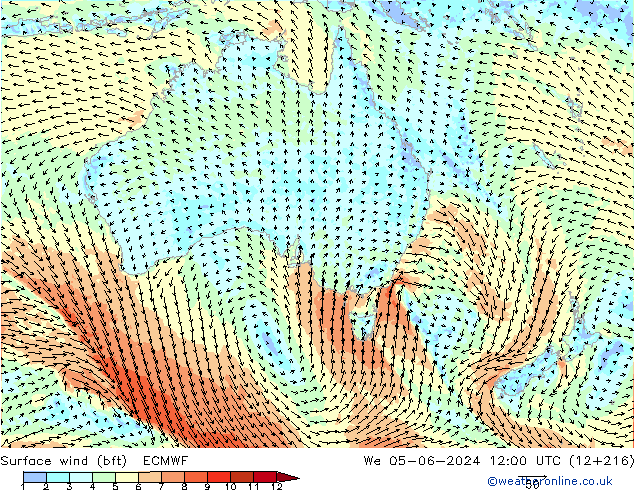 Surface wind (bft) ECMWF St 05.06.2024 12 UTC