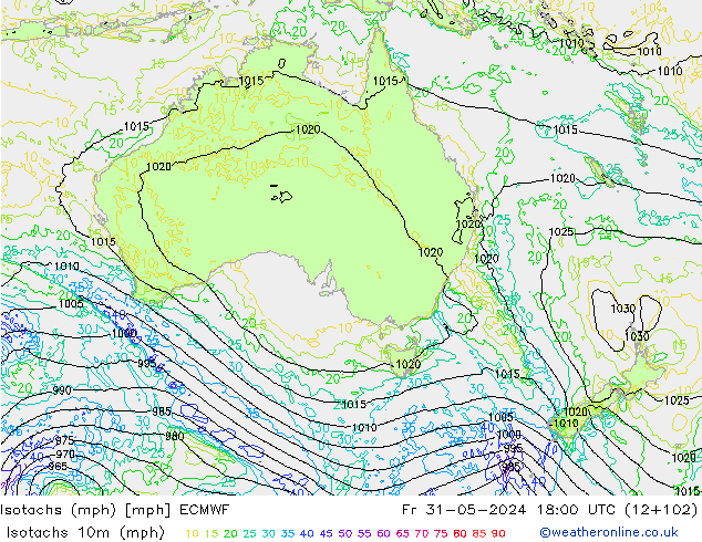 Isotachs (mph) ECMWF Fr 31.05.2024 18 UTC