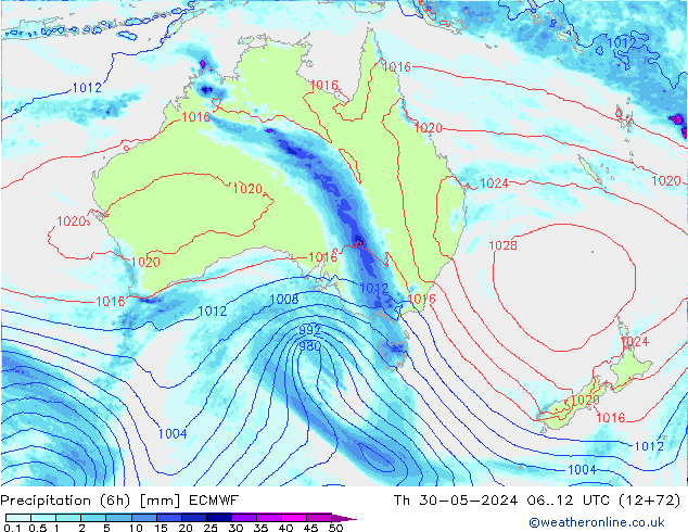 Z500/Rain (+SLP)/Z850 ECMWF czw. 30.05.2024 12 UTC