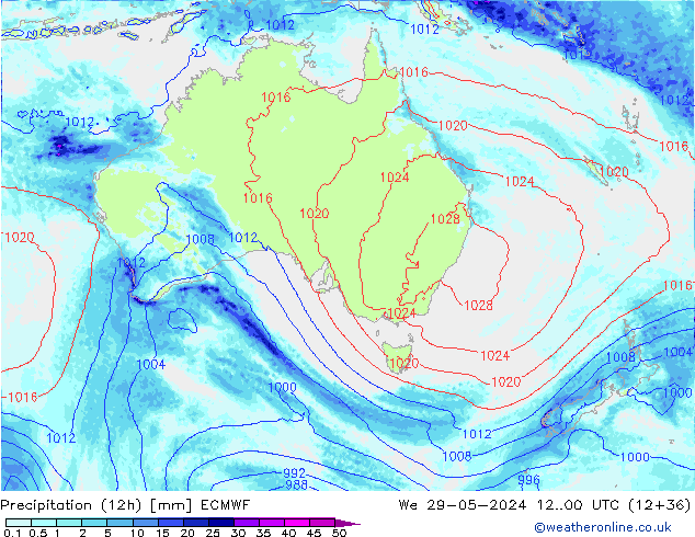 Totale neerslag (12h) ECMWF wo 29.05.2024 00 UTC