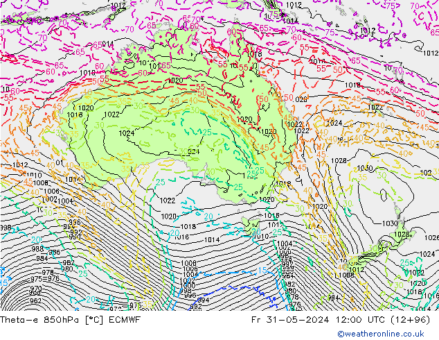 Theta-e 850hPa ECMWF Fr 31.05.2024 12 UTC