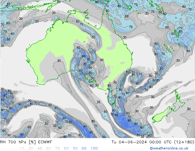 Humidité rel. 700 hPa ECMWF mar 04.06.2024 00 UTC