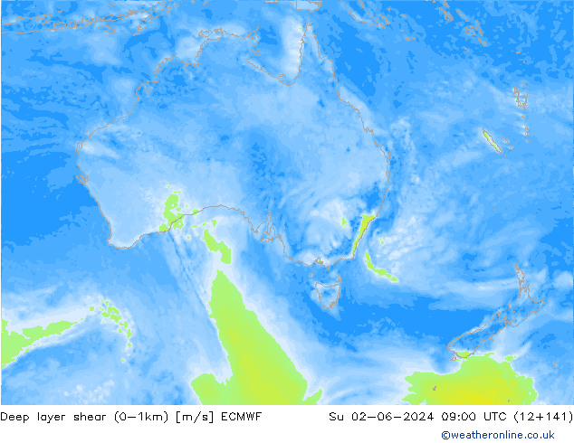 Deep layer shear (0-1km) ECMWF Dom 02.06.2024 09 UTC