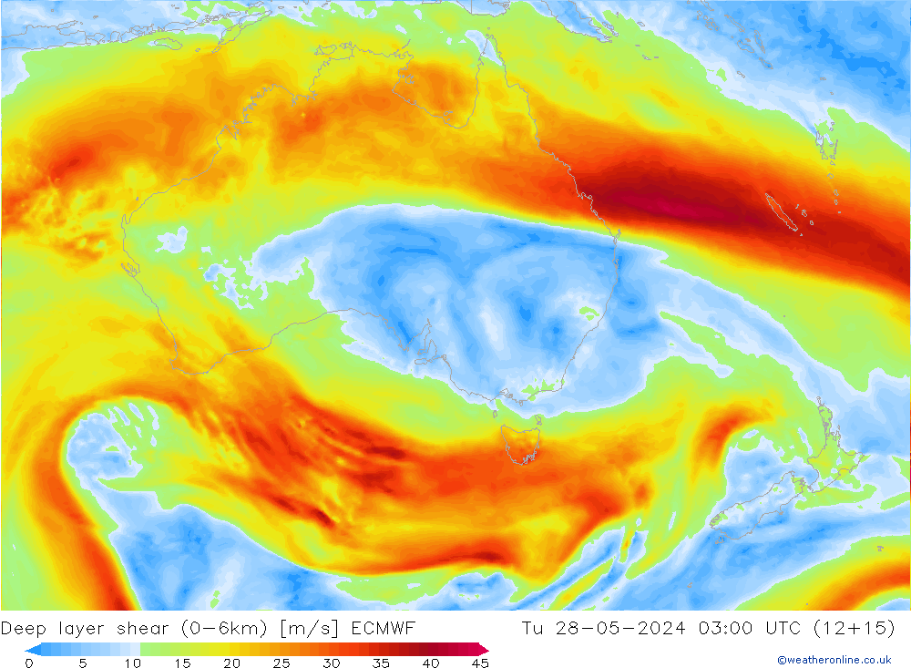 Deep layer shear (0-6km) ECMWF Tu 28.05.2024 03 UTC