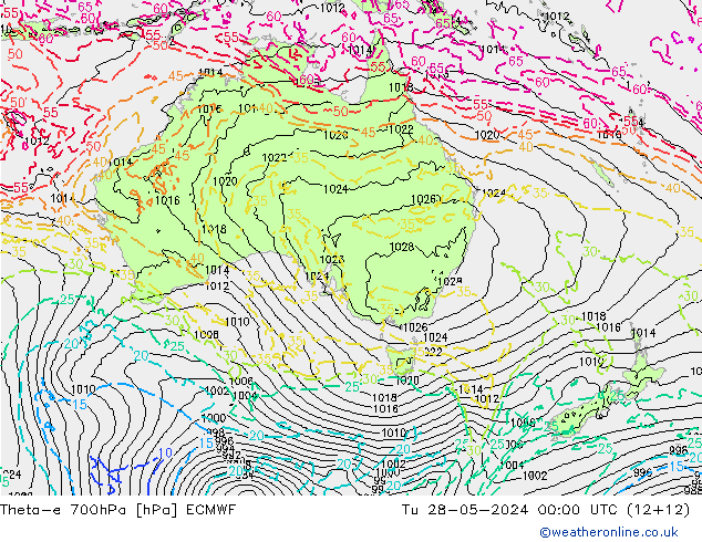 Theta-e 700hPa ECMWF Tu 28.05.2024 00 UTC