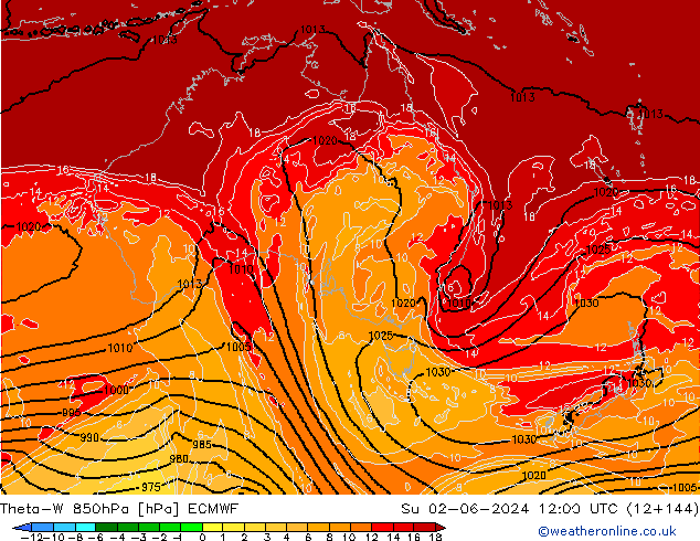 Theta-W 850гПа ECMWF Вс 02.06.2024 12 UTC