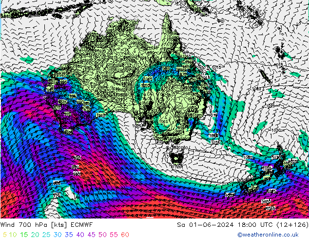 Vento 700 hPa ECMWF sab 01.06.2024 18 UTC