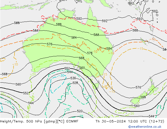 Z500/Rain (+SLP)/Z850 ECMWF czw. 30.05.2024 12 UTC