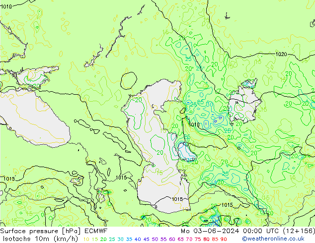 Isotachs (kph) ECMWF lun 03.06.2024 00 UTC