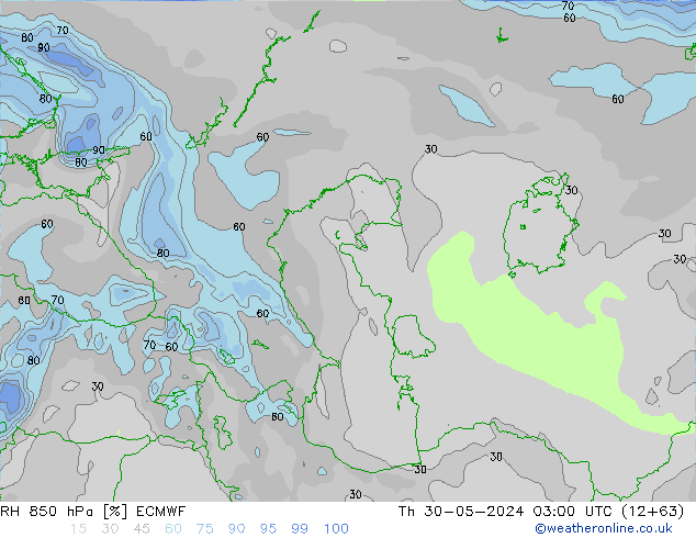 RH 850 hPa ECMWF gio 30.05.2024 03 UTC