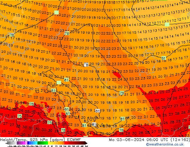 Geop./Temp. 925 hPa ECMWF lun 03.06.2024 06 UTC