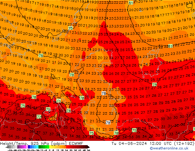 Height/Temp. 925 hPa ECMWF Tu 04.06.2024 12 UTC