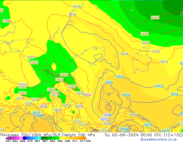 Espesor 700-1000 hPa ECMWF dom 02.06.2024 00 UTC