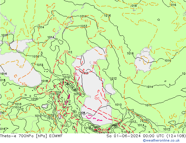 Theta-e 700hPa ECMWF za 01.06.2024 00 UTC