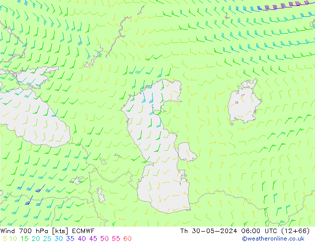 Vento 700 hPa ECMWF Qui 30.05.2024 06 UTC