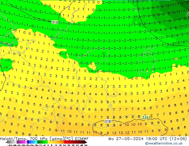 Height/Temp. 700 hPa ECMWF pon. 27.05.2024 18 UTC