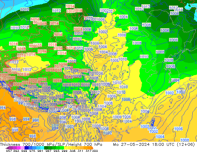 Thck 700-1000 hPa ECMWF 星期一 27.05.2024 18 UTC