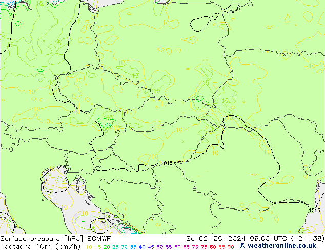 Isotachen (km/h) ECMWF zo 02.06.2024 06 UTC