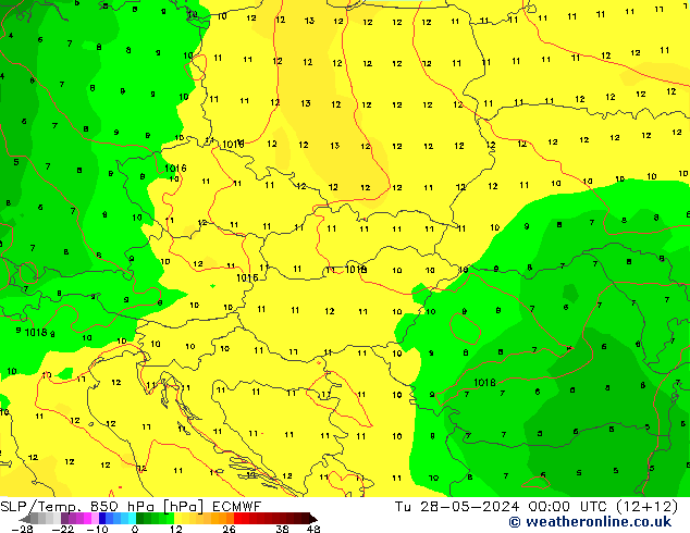 SLP/Temp. 850 hPa ECMWF wto. 28.05.2024 00 UTC