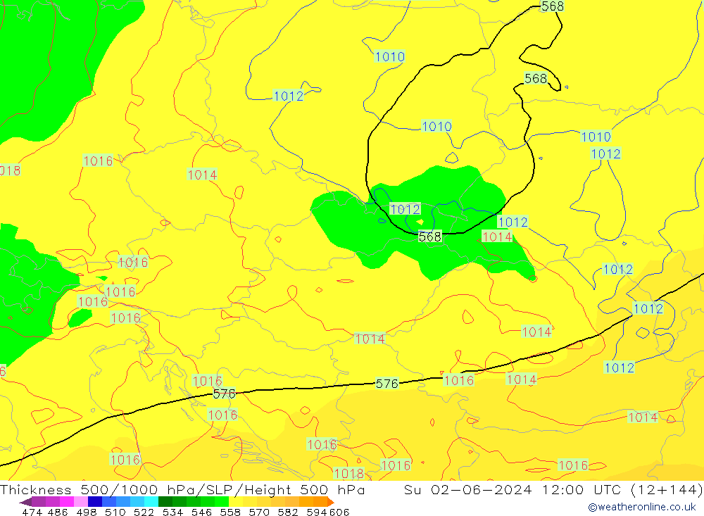 Dikte 500-1000hPa ECMWF zo 02.06.2024 12 UTC