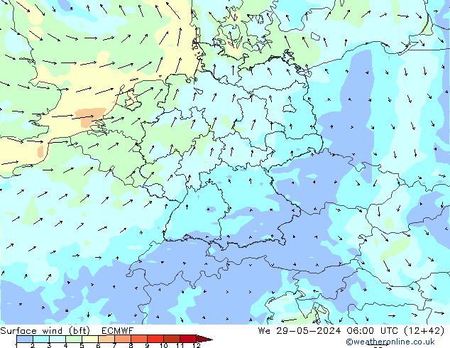 Viento 10 m (bft) ECMWF mié 29.05.2024 06 UTC