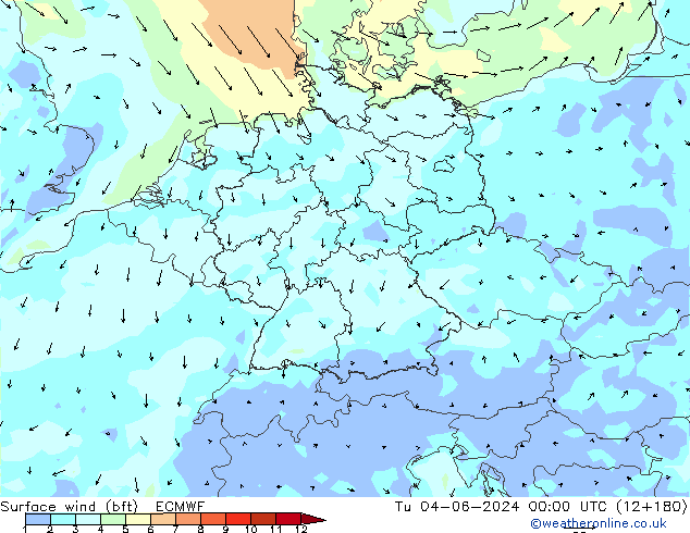 Vento 10 m (bft) ECMWF Ter 04.06.2024 00 UTC