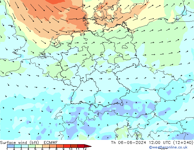 wiatr 10 m (bft) ECMWF czw. 06.06.2024 12 UTC