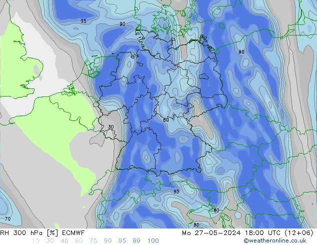 RH 300 hPa ECMWF Mo 27.05.2024 18 UTC