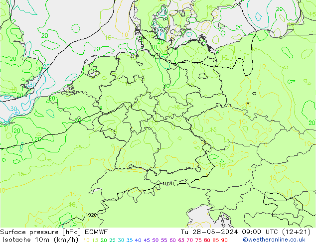 Isotachen (km/h) ECMWF Di 28.05.2024 09 UTC