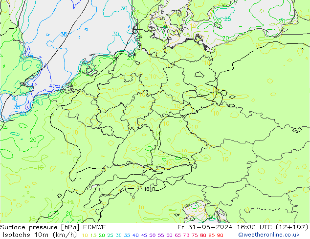 Isotaca (kph) ECMWF vie 31.05.2024 18 UTC