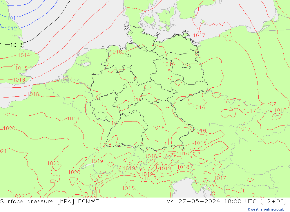 Presión superficial ECMWF lun 27.05.2024 18 UTC