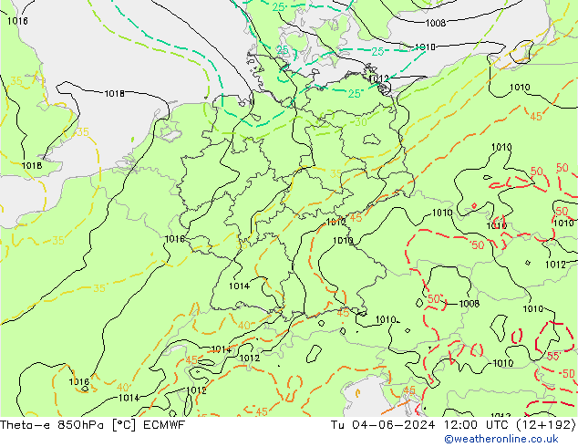 Theta-e 850hPa ECMWF Di 04.06.2024 12 UTC