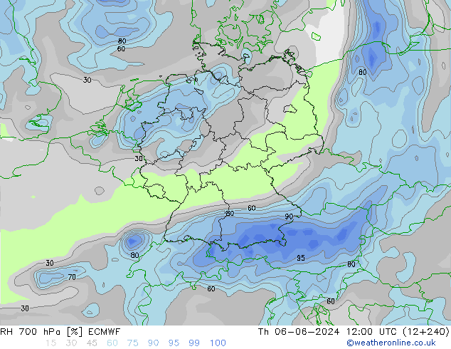 RH 700 hPa ECMWF czw. 06.06.2024 12 UTC